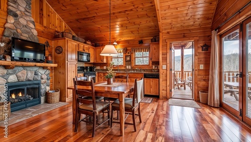 a cozy, rustic interior of a wooden cabin.