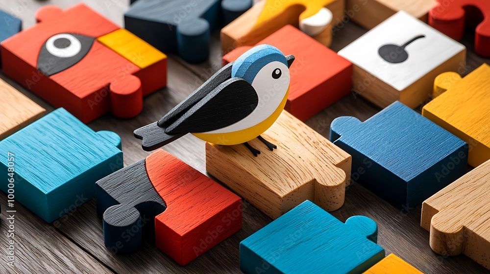 Colorful wooden puzzle pieces sit alongside a bird figurine, creating an abstract design on the wooden table. Colorful wooden puzzle pieces sit alongside a bird figurine, creating an abstract design on the wooden table.