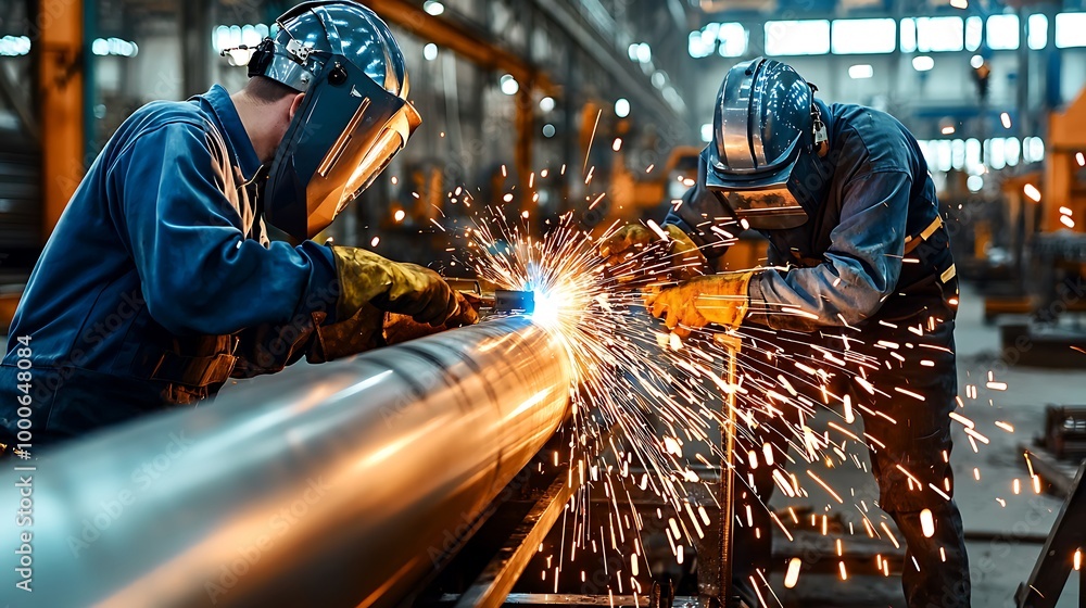 An industrial welder works on a metal pipe, sparks flying as the bright flame cuts through. An industrial welder works on a metal pipe, sparks flying as the bright flame cuts through.