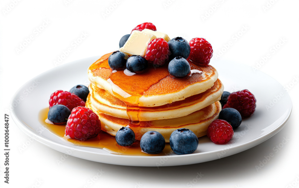 Delicious Stack of Pancakes with Fresh Berries and Syrup Delicious Stack of Pancakes with Fresh Berries and Syrup