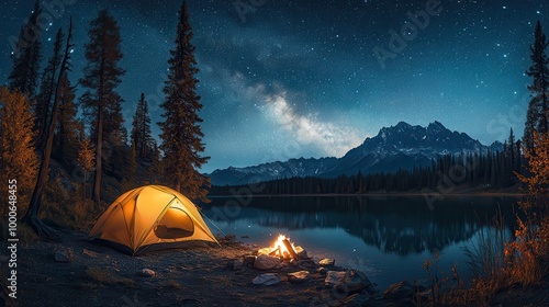 A glowing tent and campfire beside a serene mountain lake under a clear starry sky with the Milky Way, surrounded by pine trees and mountains.
