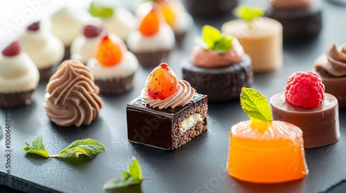 A vibrant assortment of exquisite sweets artfully displayed on a polished surface, highlighting their delightful colors and intricate textures. photo