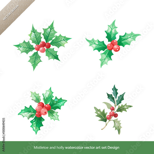 Mistletoe and Holly Watercolor Vector Art Set