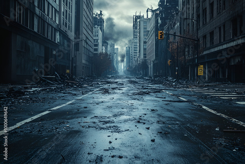 Empty street of burnt up city. Apocalyptic view of city downtown as disaster film poster concept. City destroyed by war