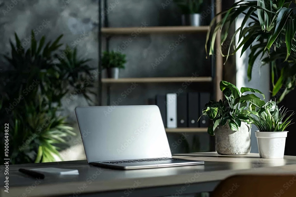 Fototapeta premium A chic workspace with a contemporary desk, a cutting-edge laptop, and motivational quotes on the walls, perfect for boosting productivity.