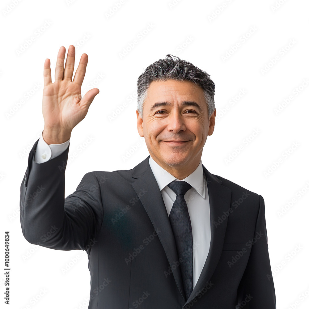 Middle-Aged Man in Black Suit Smiling and Waving on Transparent Background Middle-Aged Man in Black Suit Smiling and Waving on Transparent Background