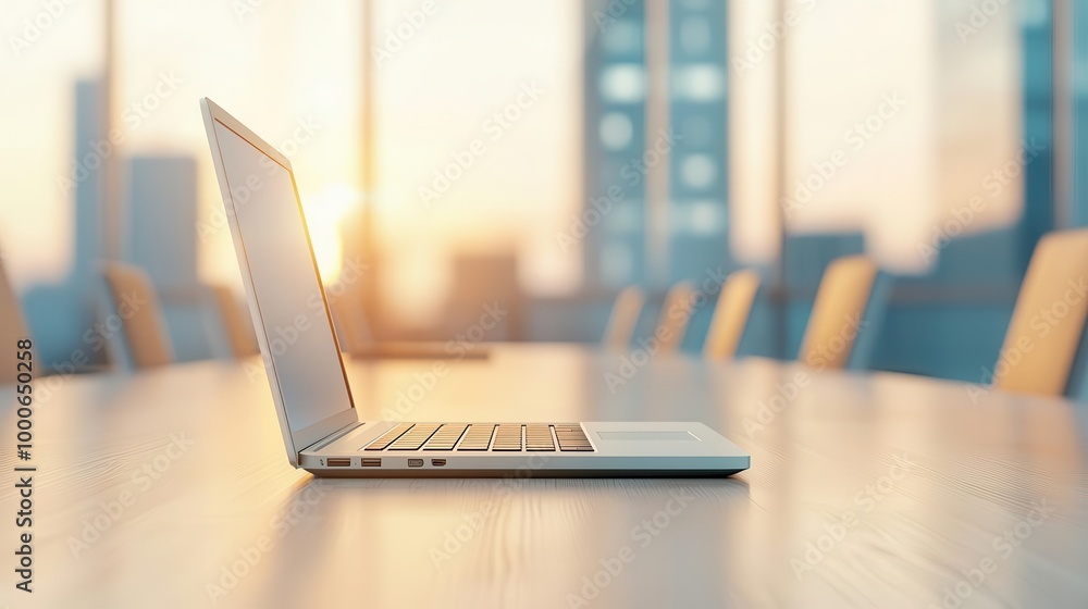 Laptop on conference table with city view and sunset lighting. Laptop on conference table with city view and sunset lighting.