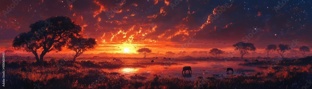 Fototapeta premium Breathtaking vista of an otherworldly savanna, surreal lighting casting magical shadows of animals engaged in whimsical behaviors