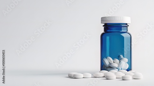 Blue Pill Bottle with White Pills on White Background