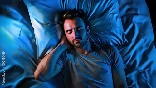 Relaxation techniques for better sleep demonstrated by a man resting in a serene blue-lit bedroom at night