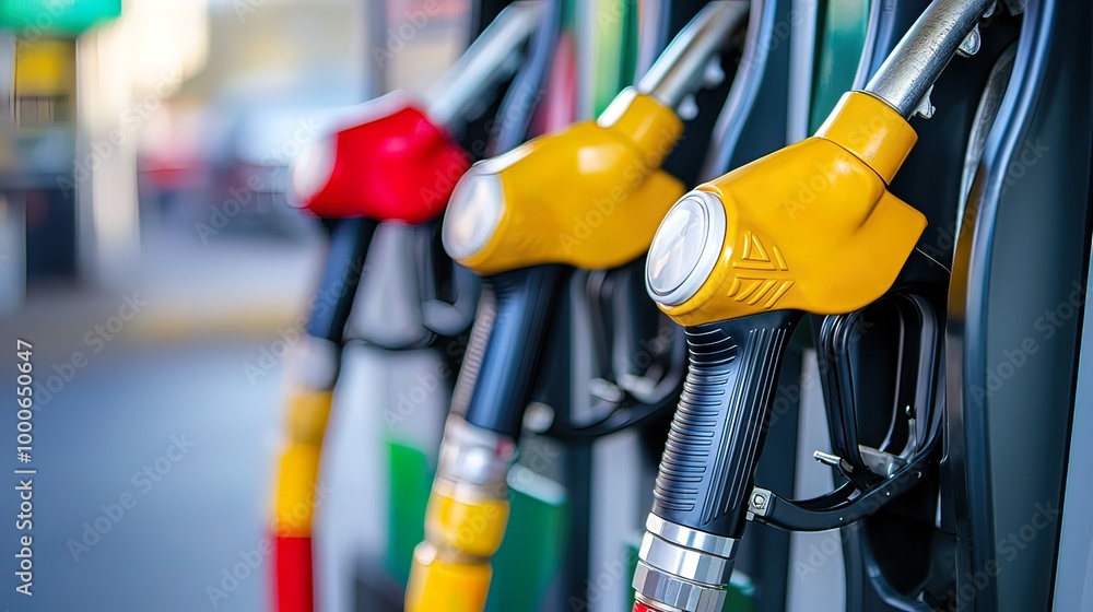 Close-up of Yellow and Red Fuel Nozzles at a Gas Station Close-up of Yellow and Red Fuel Nozzles at a Gas Station