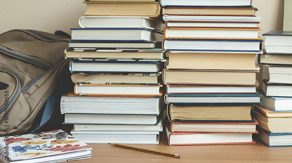 a desk with books and a backpack.
a desk with books and a backpack.