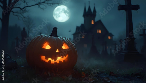 halloween background with pumpkin. the grave area with an old house is illuminated by the bright moonlight