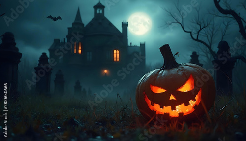 halloween background with pumpkins and a house. Pumpkin lanterns glow in the dark of night with a cemetery area in the background