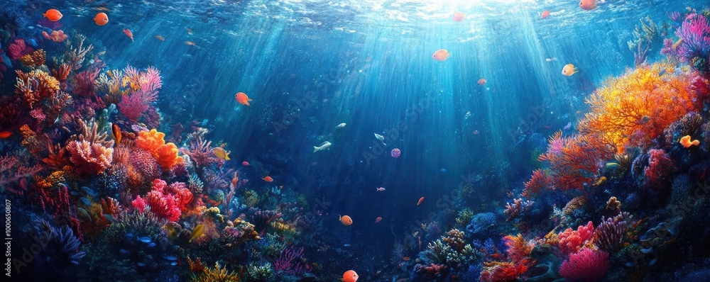 Enchanted reef panorama, floating orbs of light, mystical sea creatures, surrealistic colors, vibrant underwater dreamscape Enchanted reef panorama, floating orbs of light, mystical sea creatures, surrealistic colors, vibrant underwater dreamscape