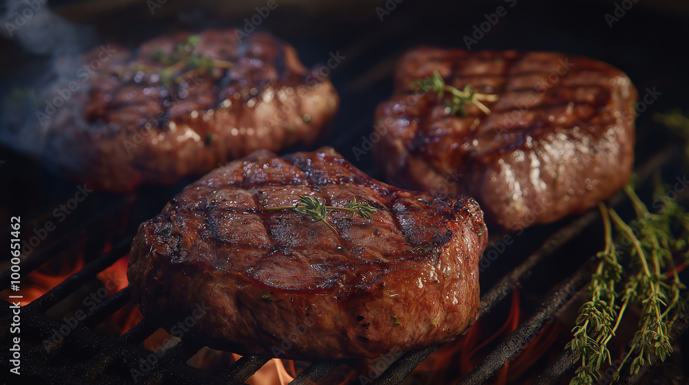 Three pieces of meat are on a grill Three pieces of meat are on a grill