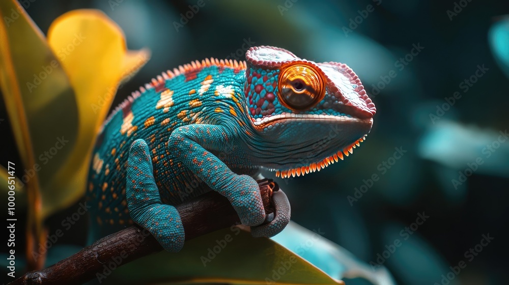 Fototapeta premium Macro view of a vibrant chameleon perched on a branch, showcasing its intricate skin patterns under soft light, revealing natures wonders