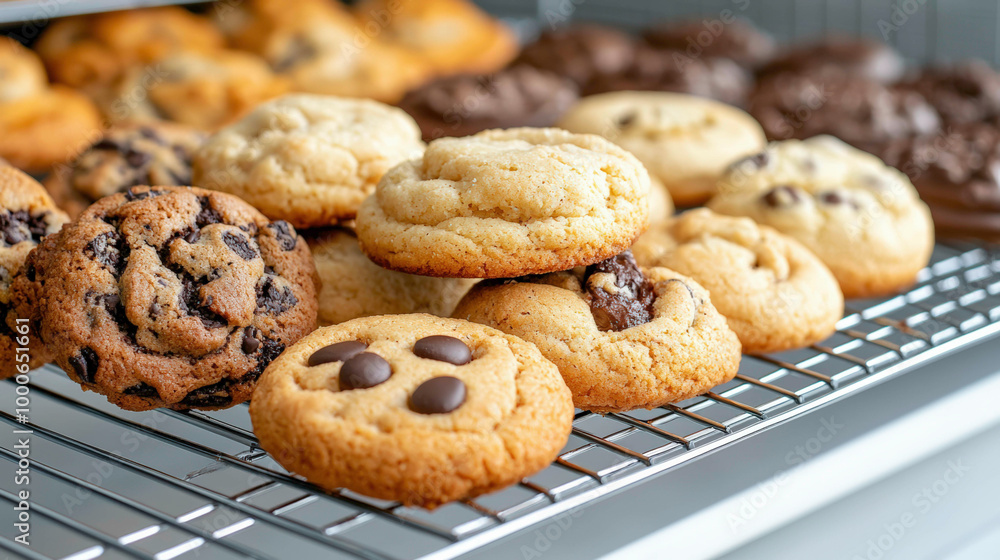 A variety of freshly baked cookies on a cooling rack, featuring soft textures, chocolate chips, and golden edges. The assortment showcases an irresistible mix of classic cookie flavors. A variety of freshly baked cookies on a cooling rack, featuring soft textures, chocolate chips, and golden edges. The assortment showcases an irresistible mix of classic cookie flavors.