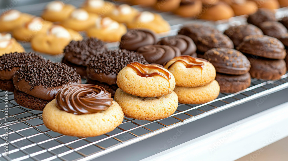 A variety of gourmet cookies displayed on a cooling rack, topped with rich chocolate, caramel swirls, and sprinkles. The scene highlights their intricate decoration and irresistible appeal. A variety of gourmet cookies displayed on a cooling rack, topped with rich chocolate, caramel swirls, and sprinkles. The scene highlights their intricate decoration and irresistible appeal.