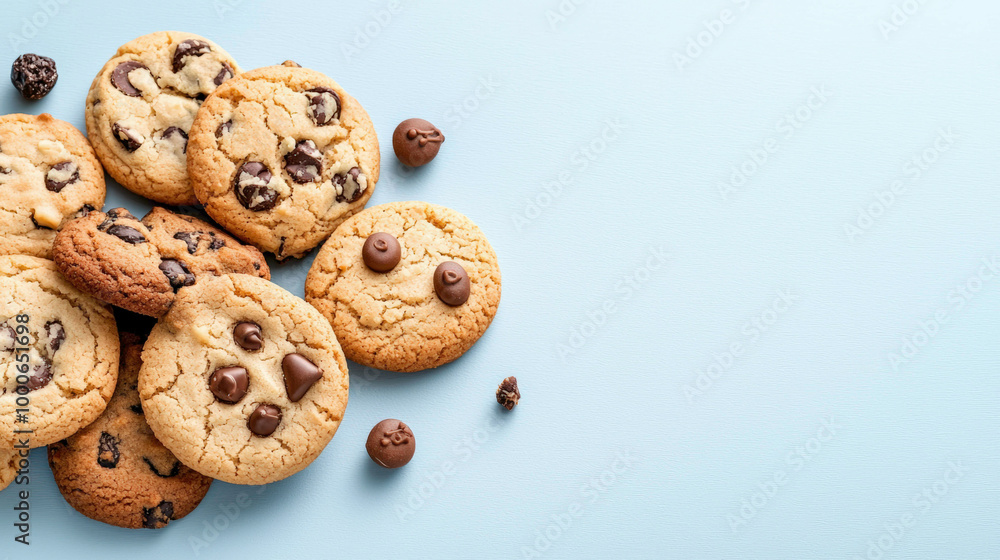 A delicious assortment of chocolate chip cookies rests on a light blue background. The cookies' golden-brown edges and melty chocolate chips create the perfect sweet treat for any craving. A delicious assortment of chocolate chip cookies rests on a light blue background. The cookies' golden-brown edges and melty chocolate chips create the perfect sweet treat for any craving.