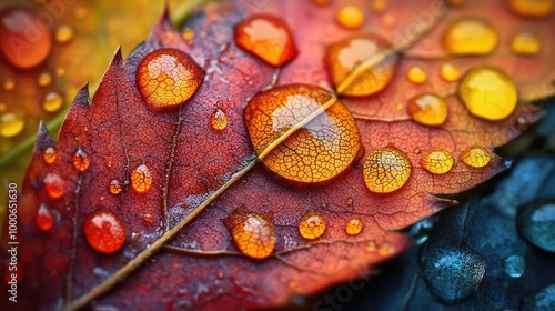 Scientific discoveries revealed through raindrops on a simple leaf, vibrant macro colors, stunning detail photo