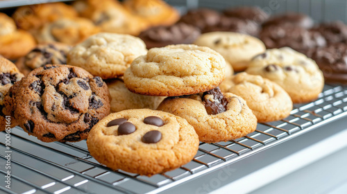 A variety of freshly baked cookies on a cooling rack, featuring soft textures, chocolate chips, and golden edges. The assortment showcases an irresistible mix of classic cookie flavors.