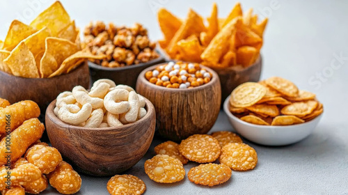 An assortment of crispy snacks in wooden bowls, featuring chips, puffed corn, and crackers. The variety of textures and flavors makes this a visually appealing and tasty snack spread.