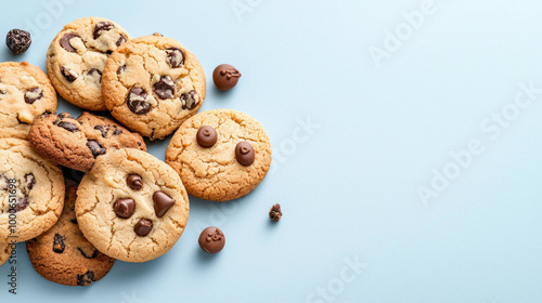 A delicious assortment of chocolate chip cookies rests on a light blue background. The cookies' golden-brown edges and melty chocolate chips create the perfect sweet treat for any craving.