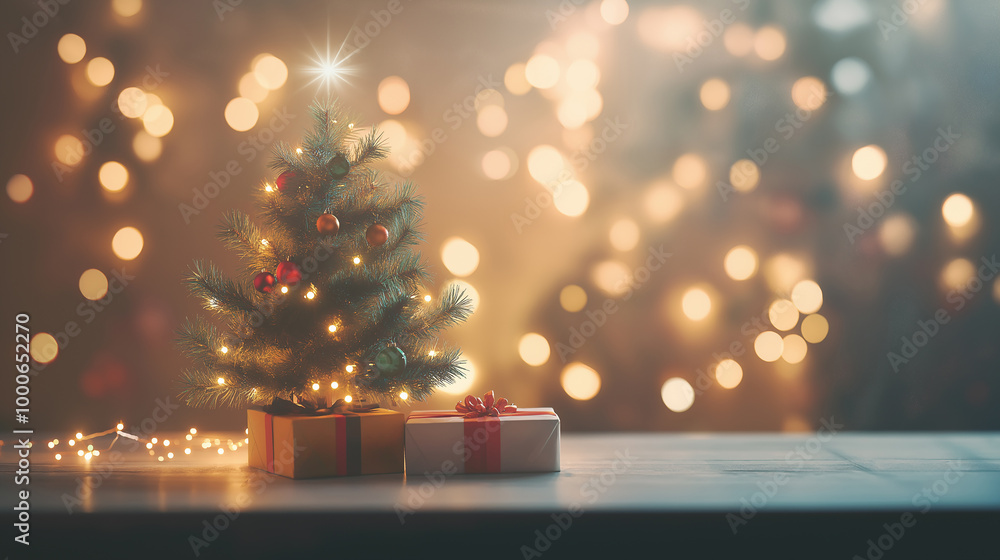 A small Christmas tree is sitting in a red box on a table A small Christmas tree is sitting in a red box on a table