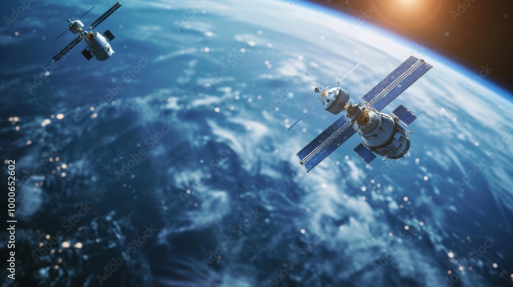 Two satellites hover above Earth's atmosphere in this dynamic space scene. The glowing Earth below contrasts with the deep, dark space, illuminated by distant stars and sunlight. Two satellites hover above Earth's atmosphere in this dynamic space scene. The glowing Earth below contrasts with the deep, dark space, illuminated by distant stars and sunlight.