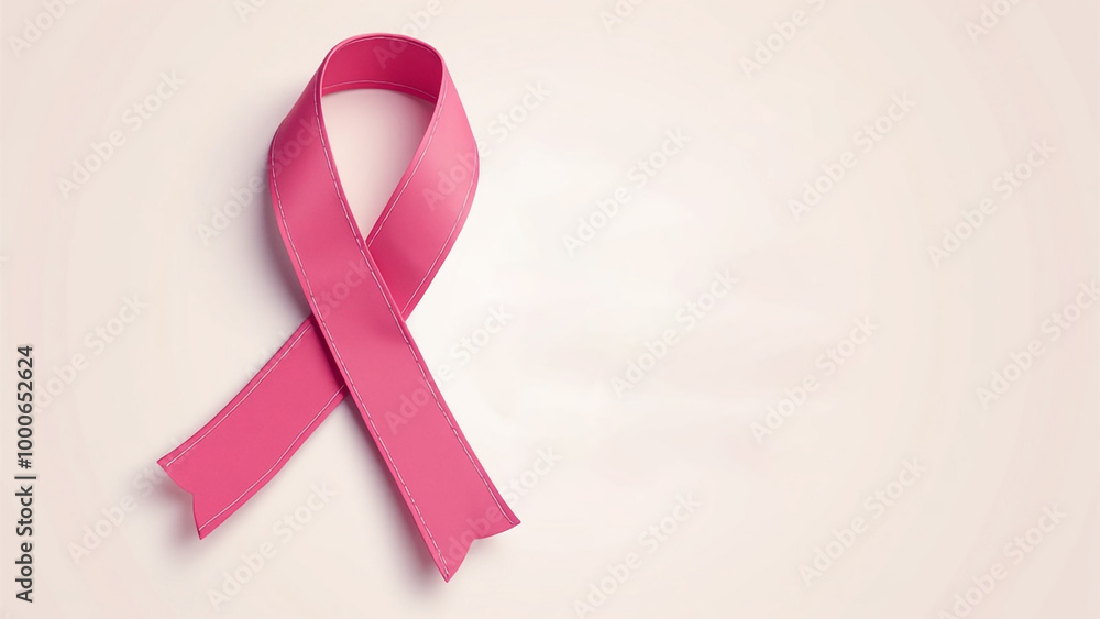 A pink ribbon is placed on a white background. Breast cancer Awareness program concept A pink ribbon is placed on a white background. Breast cancer Awareness program concept