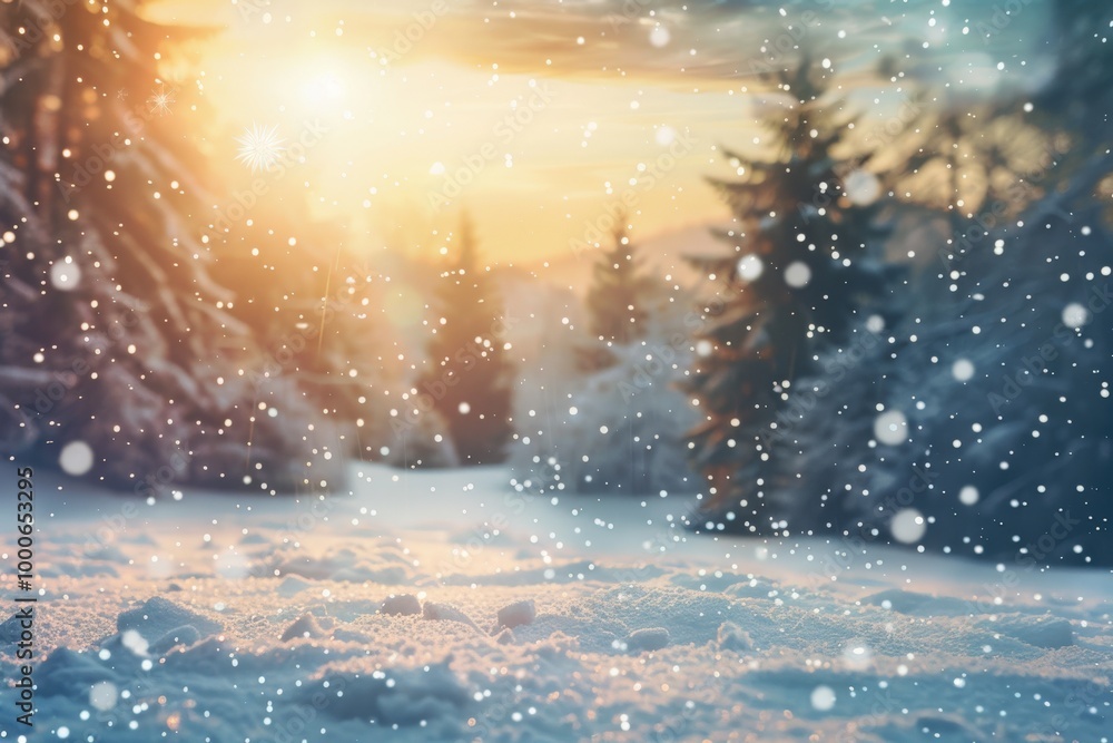 Naklejka premium A snow-covered landscape with a lot of snowflakes falling from the sky, generative ai image