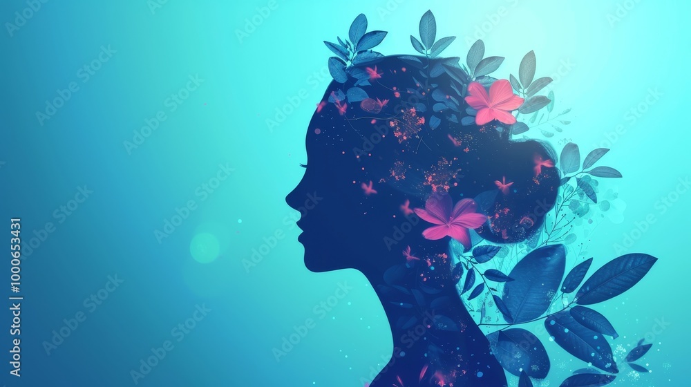 A stunning digital artwork of a woman's silhouette adorned with vibrant flowers and leaves, set against a teal background. The abstract nature blends nature and human form, creating a dreamlike