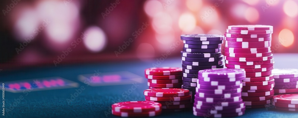 A holographic poker game taking place in a futuristic casino, where players bet with glowing chips under soft neon lighting A holographic poker game taking place in a futuristic casino, where players bet with glowing chips under soft neon lighting