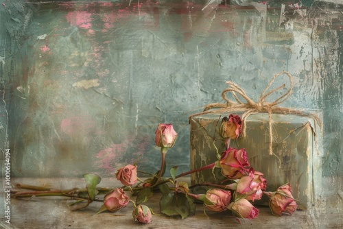 Vintage Dried Roses with Rustic Gift Box on Textured Background for a Romantic and Nostalgic Aesthetic