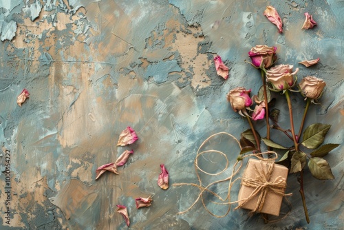 Vintage Dried Roses with Rustic Gift Box on Textured Background for a Romantic and Nostalgic Aesthetic