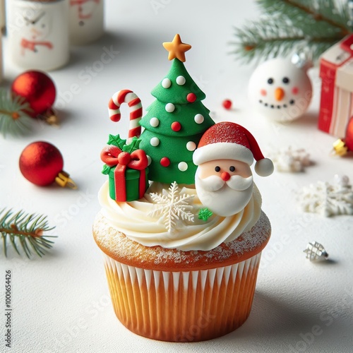 A Christmas Xmas Cupcake muffin with icing frosting topping of tree, santa claus, snowman, candy cane, decorations