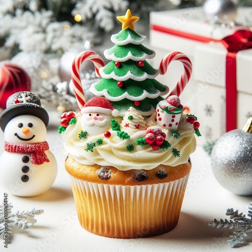 A Christmas Xmas Cupcake muffin with icing frosting topping of tree, santa claus, snowman, candy cane, decorations