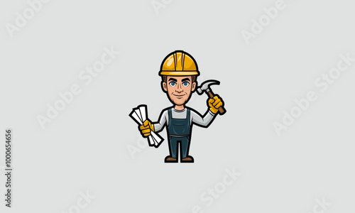 Smiling construction worker holding hammer and blueprints.