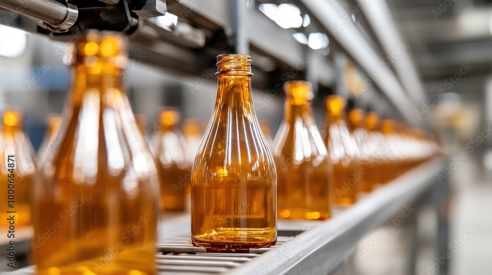 Amber glass bottles on a conveyor belt in a production facility. Amber glass bottles on a conveyor belt in a production facility.