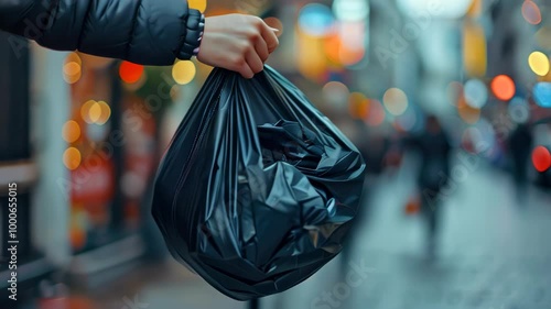A person holding a black trash bag while walking through a busy urban street in the evening