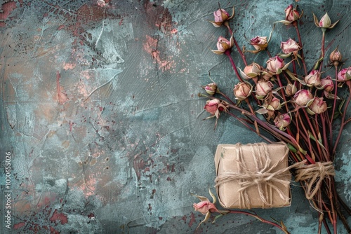 Vintage Dried Roses with Rustic Gift Box on Textured Background for a Romantic and Nostalgic Aesthetic