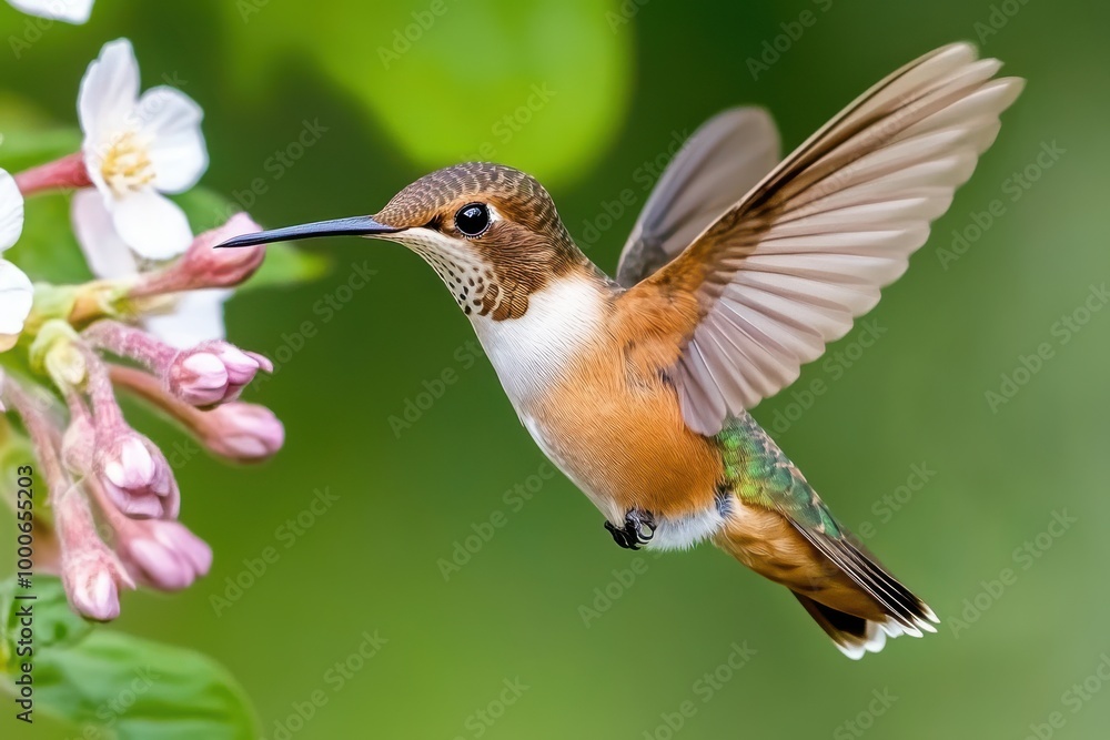 Fototapeta premium Hummingbird in Flight with White Flowers and Green Background