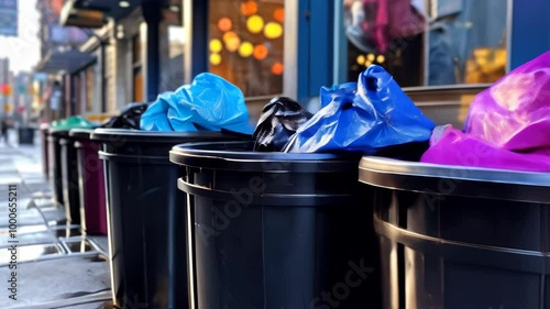 Colorful trash bins line a city sidewalk on a sunny morning, showcasing urban waste management efforts