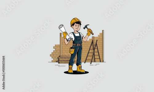Smiling construction worker holding hammer and blueprints.