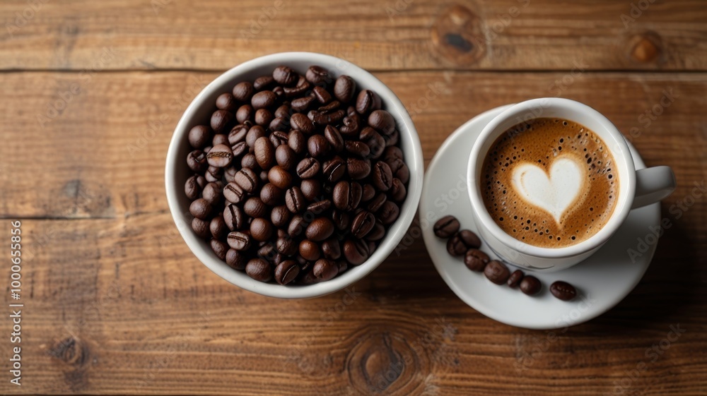 White cup and coffee beans on wooden table backdrop with a special message International Coffee Day White cup and coffee beans on wooden table backdrop with a special message International Coffee Day