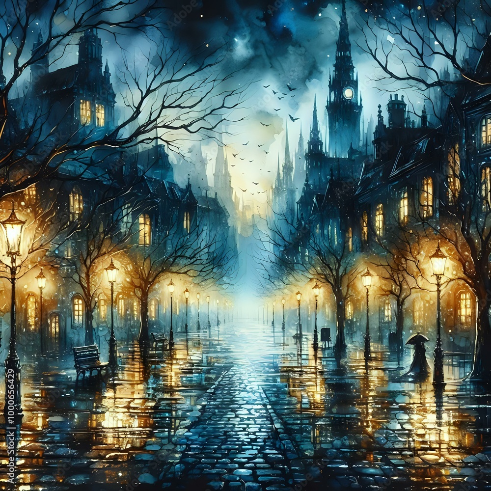 Mystical Nocturne on a Rainy Boulevard