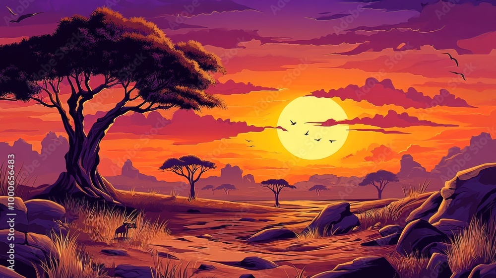 African Sunset with Silhouetted Trees and Birds African Sunset with Silhouetted Trees and Birds