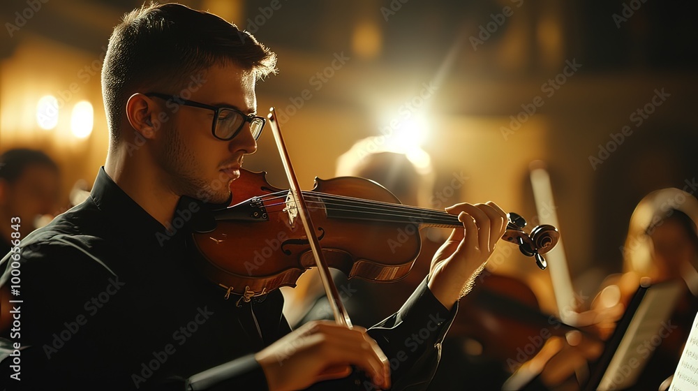Fototapeta premium Violinist Performing on Stage with Dramatic Lighting