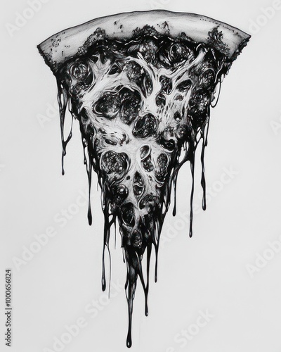 A single slice of pizza rendered in a black and white, detailed, horror-themed style. The pizza appears to be dripping with a viscous, black substance that resembles blood or melted cheese. photo